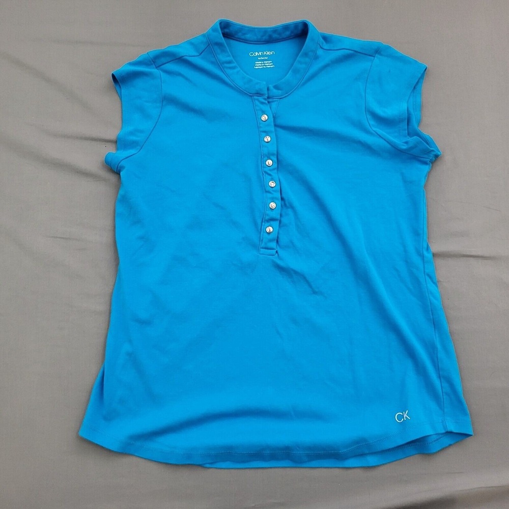Calvin Klein Shirt Womens Medium M Short Sleeve Button Front Knit Pullover Blue